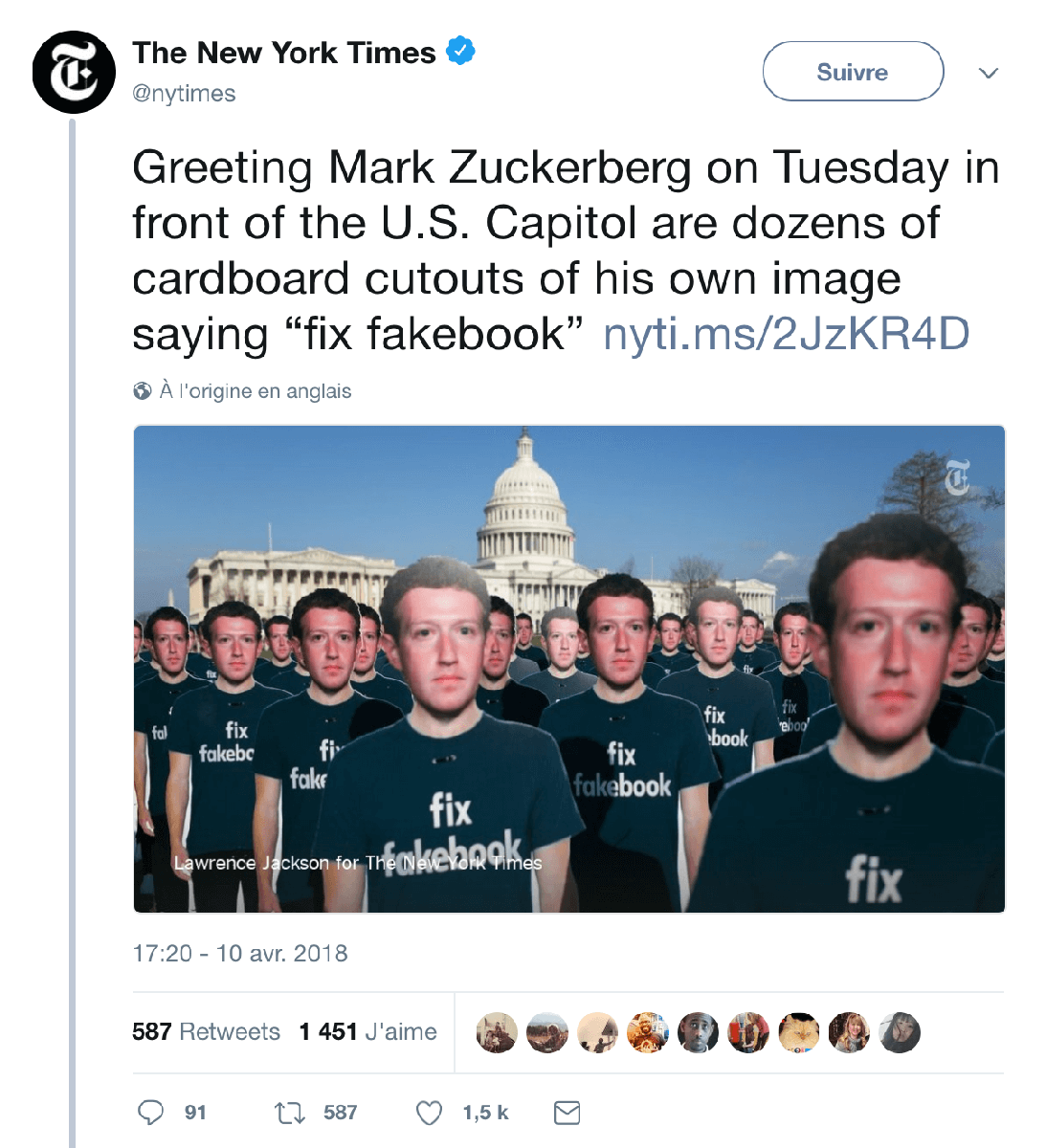 «Ομοιώματα του Μαρκ Ζάκερμπεργκ από χαρτόνι μπροστά από το Καπιτώλιο τον υποδέχτηκαν την Τρίτη, λέγοντάς του “Διόρθωσε το Facebook”»