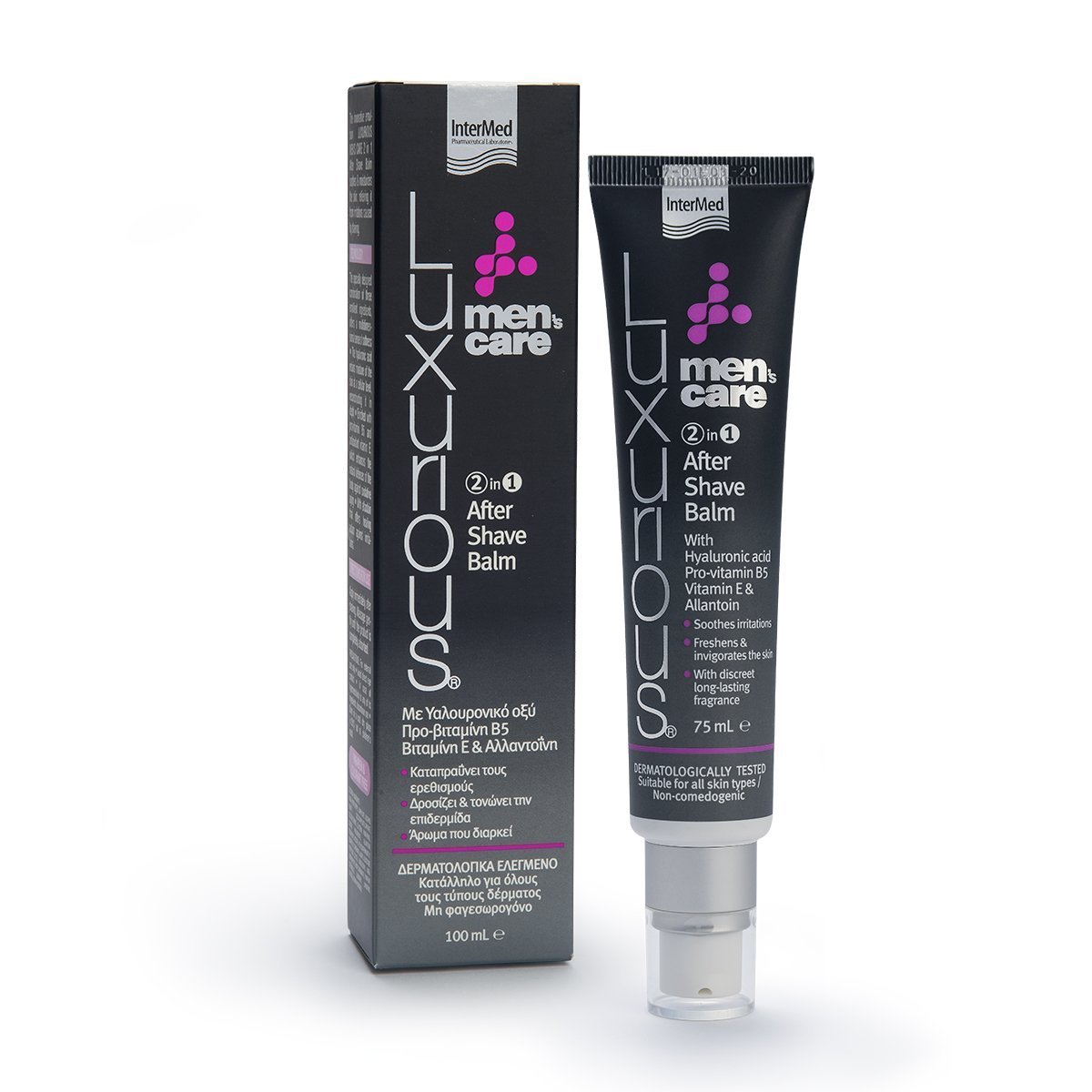 Συσκευασία του προϊόντος Luxurious® Men’s care 2 in 1 After Shave Balm από την InterMed.